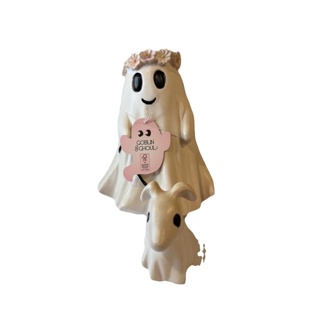 GOBLIN & GHOUL Ghost Girl W Flower Crown Walking Dog Figurine Tabletop Decor NWT
